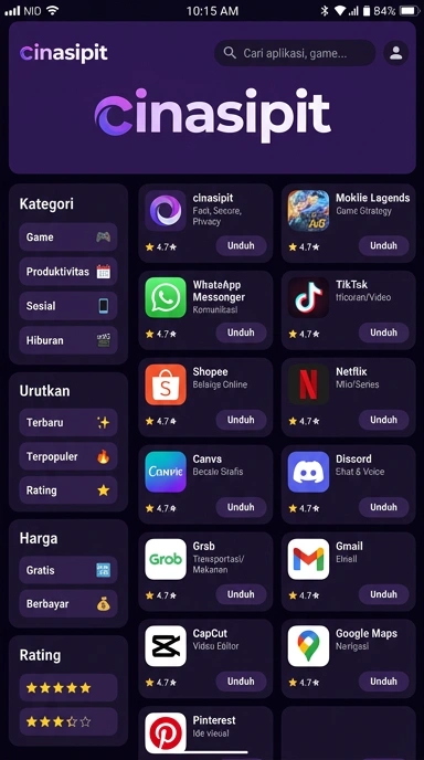 Tampilan katalog aplikasi cinasipit